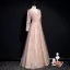 Chic / Beautiful Pearl Pink Winter Suede Evening Dresses  2020 A-Line / Princess V-Neck Long Sleeve Appliques Sequins Floor-Length / Long Ruffle Backless Formal Dresses