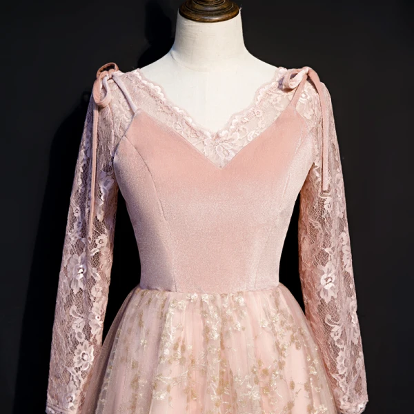 Chic / Beautiful Pearl Pink Winter Suede Evening Dresses  2020 A-Line / Princess V-Neck Long Sleeve Appliques Sequins Floor-Length / Long Ruffle Backless Formal Dresses