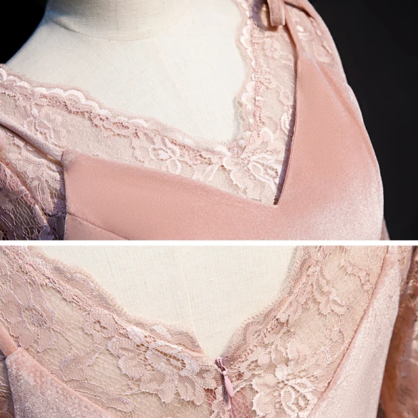 Chic / Beautiful Pearl Pink Winter Suede Evening Dresses  2020 A-Line / Princess V-Neck Long Sleeve Appliques Sequins Floor-Length / Long Ruffle Backless Formal Dresses