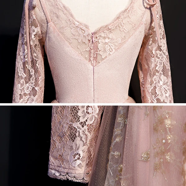 Chic / Beautiful Pearl Pink Winter Suede Evening Dresses  2020 A-Line / Princess V-Neck Long Sleeve Appliques Sequins Floor-Length / Long Ruffle Backless Formal Dresses