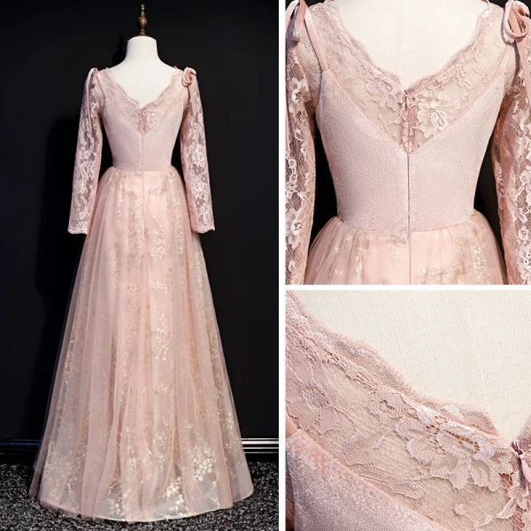 Chic / Beautiful Pearl Pink Winter Suede Evening Dresses  2020 A-Line / Princess V-Neck Long Sleeve Appliques Sequins Floor-Length / Long Ruffle Backless Formal Dresses