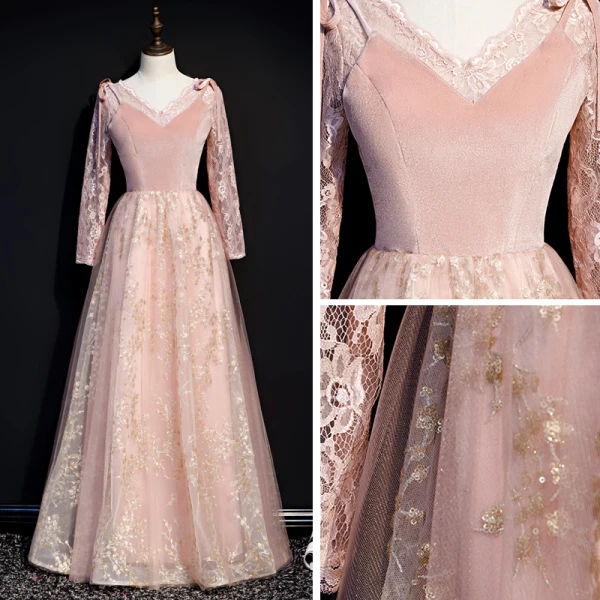 Chic / Beautiful Pearl Pink Winter Suede Evening Dresses  2020 A-Line / Princess V-Neck Long Sleeve Appliques Sequins Floor-Length / Long Ruffle Backless Formal Dresses