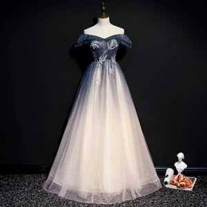 Chic Belle Bleu Marine Dégradé De Couleur Champagne Robe De Soirée 2020 Princesse De L 039 Épaule Manches Courtes Perlage Glitter Tulle Longue Volants Dos Nu Robe De Ceremonie
