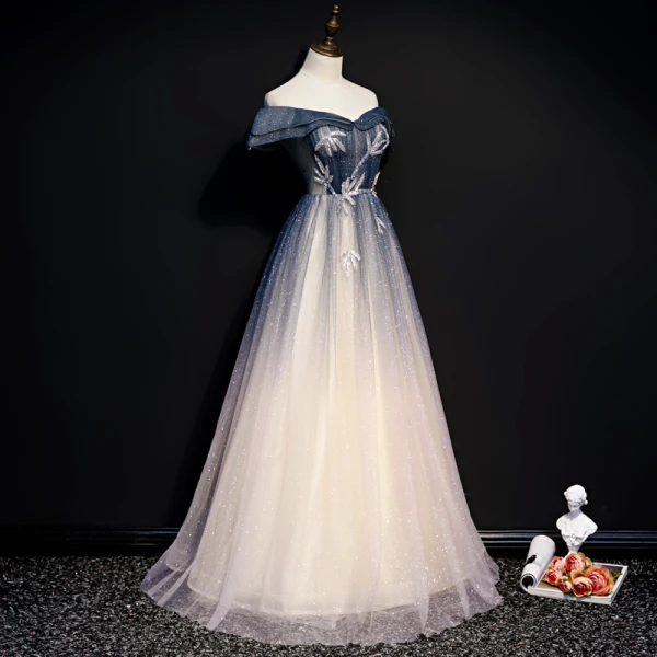 Chic / Belle Bleu Marine Dégradé De Couleur Champagne Robe De Soirée 2020 Princesse De l'épaule Manches Courtes Perlage Glitter Tulle Longue Volants Dos Nu Robe De Ceremonie