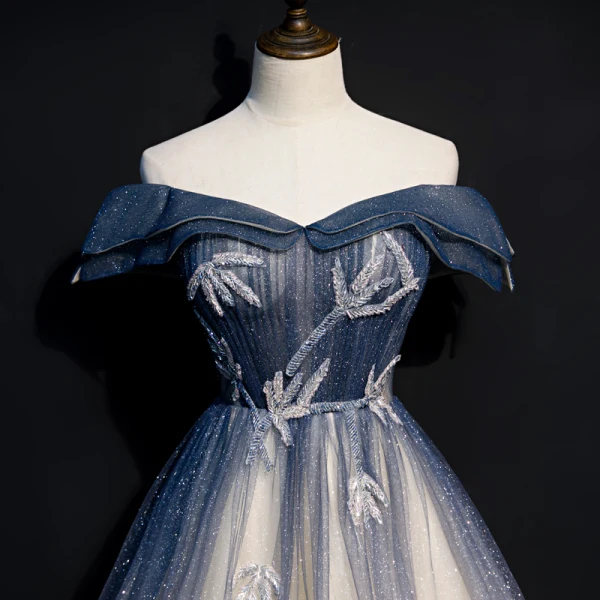 Chic / Belle Bleu Marine Dégradé De Couleur Champagne Robe De Soirée 2020 Princesse De l'épaule Manches Courtes Perlage Glitter Tulle Longue Volants Dos Nu Robe De Ceremonie