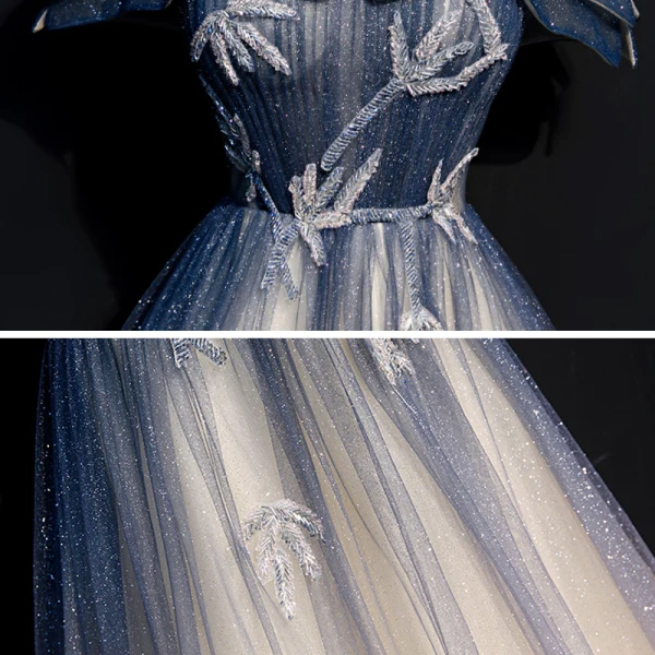 Chic / Belle Bleu Marine Dégradé De Couleur Champagne Robe De Soirée 2020 Princesse De l'épaule Manches Courtes Perlage Glitter Tulle Longue Volants Dos Nu Robe De Ceremonie