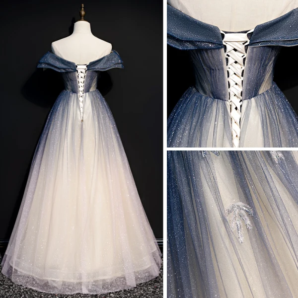 Chic / Belle Bleu Marine Dégradé De Couleur Champagne Robe De Soirée 2020 Princesse De l'épaule Manches Courtes Perlage Glitter Tulle Longue Volants Dos Nu Robe De Ceremonie