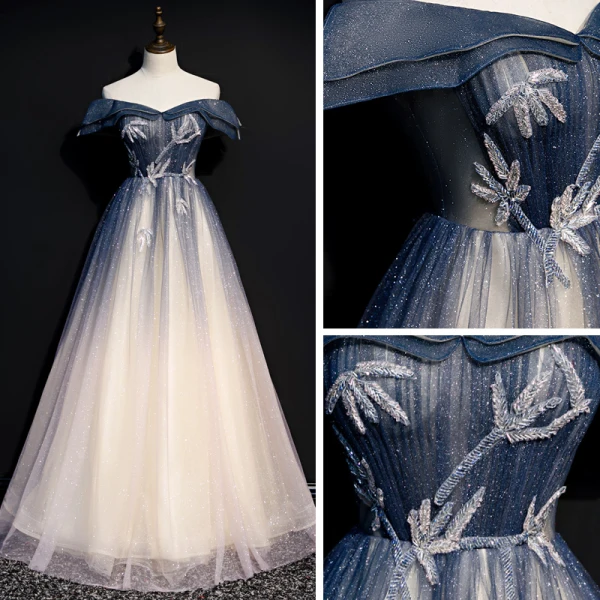 Chic / Belle Bleu Marine Dégradé De Couleur Champagne Robe De Soirée 2020 Princesse De l'épaule Manches Courtes Perlage Glitter Tulle Longue Volants Dos Nu Robe De Ceremonie