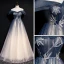 Chic / Belle Bleu Marine Dégradé De Couleur Champagne Robe De Soirée 2020 Princesse De l'épaule Manches Courtes Perlage Glitter Tulle Longue Volants Dos Nu Robe De Ceremonie