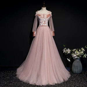 Chic Belle Perle Rose Daim Robe De Soirée 2020 Princesse De L 039 Épaule Bretelles Spaghetti Gonflée Manches Longues Ceinture Appliques Fleur Perlage Longue Volants Dos Nu Robe De Ceremonie