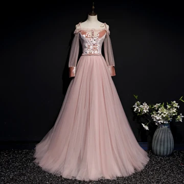 Chic Beautiful Pearl Pink Suede Evening Dresses 2020 A Line Princess Off The Shoulder Spaghetti Straps Puffy Long Sleeve Sash Appliques Flower Beading Floor Length Long Ruffle Backless Formal Dresses