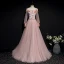 Chic / Beautiful Pearl Pink Suede Evening Dresses  2020 A-Line / Princess Off-The-Shoulder Spaghetti Straps Puffy Long Sleeve Sash Appliques Flower Beading Floor-Length / Long Ruffle Backless Formal Dresses