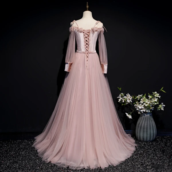 Chic / Beautiful Pearl Pink Suede Evening Dresses 2020 A-Line / Princess Off-The-Shoulder Spaghetti Straps Puffy Long Sleeve Sash Appliques Flower Beading Floor-Length / Long Ruffle Backless Formal Dresses