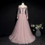 Chic / Beautiful Pearl Pink Suede Evening Dresses  2020 A-Line / Princess Off-The-Shoulder Spaghetti Straps Puffy Long Sleeve Sash Appliques Flower Beading Floor-Length / Long Ruffle Backless Formal Dresses