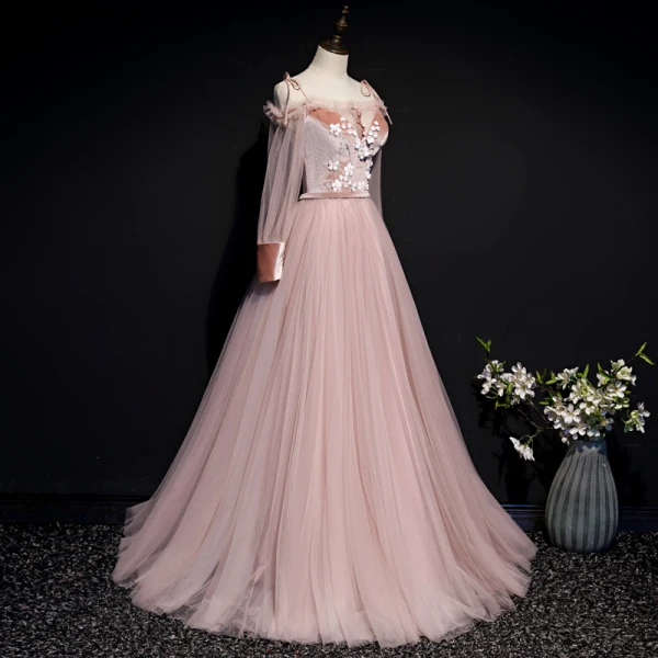 Chic / Beautiful Pearl Pink Suede Evening Dresses 2020 A-Line / Princess Off-The-Shoulder Spaghetti Straps Puffy Long Sleeve Sash Appliques Flower Beading Floor-Length / Long Ruffle Backless Formal Dresses