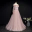 Chic / Beautiful Pearl Pink Suede Evening Dresses  2020 A-Line / Princess Off-The-Shoulder Spaghetti Straps Puffy Long Sleeve Sash Appliques Flower Beading Floor-Length / Long Ruffle Backless Formal Dresses