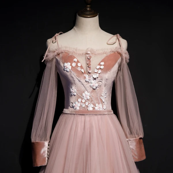 Chic / Beautiful Pearl Pink Suede Evening Dresses 2020 A-Line / Princess Off-The-Shoulder Spaghetti Straps Puffy Long Sleeve Sash Appliques Flower Beading Floor-Length / Long Ruffle Backless Formal Dresses