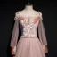 Chic / Beautiful Pearl Pink Suede Evening Dresses  2020 A-Line / Princess Off-The-Shoulder Spaghetti Straps Puffy Long Sleeve Sash Appliques Flower Beading Floor-Length / Long Ruffle Backless Formal Dresses