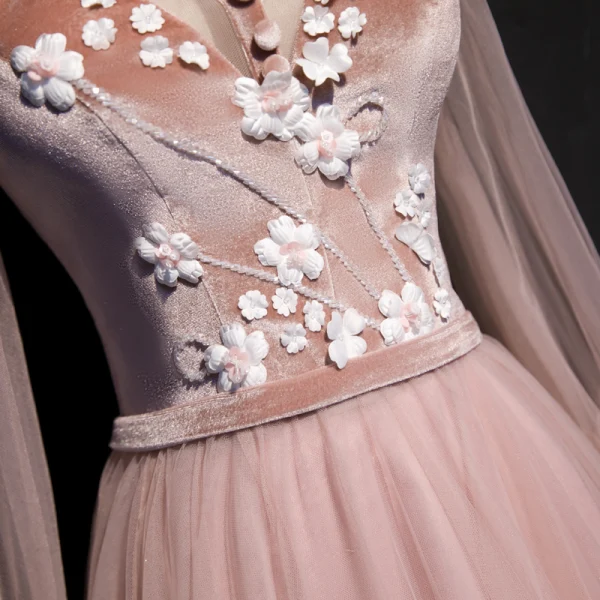 Chic / Beautiful Pearl Pink Suede Evening Dresses 2020 A-Line / Princess Off-The-Shoulder Spaghetti Straps Puffy Long Sleeve Sash Appliques Flower Beading Floor-Length / Long Ruffle Backless Formal Dresses