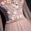 Chic / Beautiful Pearl Pink Suede Evening Dresses  2020 A-Line / Princess Off-The-Shoulder Spaghetti Straps Puffy Long Sleeve Sash Appliques Flower Beading Floor-Length / Long Ruffle Backless Formal Dresses