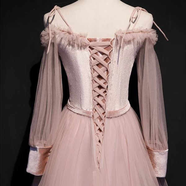 Chic / Beautiful Pearl Pink Suede Evening Dresses 2020 A-Line / Princess Off-The-Shoulder Spaghetti Straps Puffy Long Sleeve Sash Appliques Flower Beading Floor-Length / Long Ruffle Backless Formal Dresses