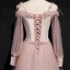 Chic / Beautiful Pearl Pink Suede Evening Dresses  2020 A-Line / Princess Off-The-Shoulder Spaghetti Straps Puffy Long Sleeve Sash Appliques Flower Beading Floor-Length / Long Ruffle Backless Formal Dresses