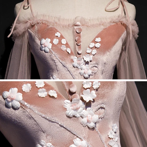 Chic / Beautiful Pearl Pink Suede Evening Dresses 2020 A-Line / Princess Off-The-Shoulder Spaghetti Straps Puffy Long Sleeve Sash Appliques Flower Beading Floor-Length / Long Ruffle Backless Formal Dresses