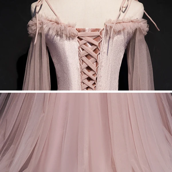 Chic / Beautiful Pearl Pink Suede Evening Dresses 2020 A-Line / Princess Off-The-Shoulder Spaghetti Straps Puffy Long Sleeve Sash Appliques Flower Beading Floor-Length / Long Ruffle Backless Formal Dresses