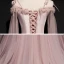 Chic / Beautiful Pearl Pink Suede Evening Dresses  2020 A-Line / Princess Off-The-Shoulder Spaghetti Straps Puffy Long Sleeve Sash Appliques Flower Beading Floor-Length / Long Ruffle Backless Formal Dresses