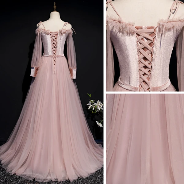 Chic / Beautiful Pearl Pink Suede Evening Dresses 2020 A-Line / Princess Off-The-Shoulder Spaghetti Straps Puffy Long Sleeve Sash Appliques Flower Beading Floor-Length / Long Ruffle Backless Formal Dresses