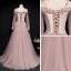 Chic / Beautiful Pearl Pink Suede Evening Dresses  2020 A-Line / Princess Off-The-Shoulder Spaghetti Straps Puffy Long Sleeve Sash Appliques Flower Beading Floor-Length / Long Ruffle Backless Formal Dresses