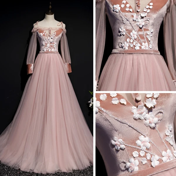 Chic / Beautiful Pearl Pink Suede Evening Dresses 2020 A-Line / Princess Off-The-Shoulder Spaghetti Straps Puffy Long Sleeve Sash Appliques Flower Beading Floor-Length / Long Ruffle Backless Formal Dresses