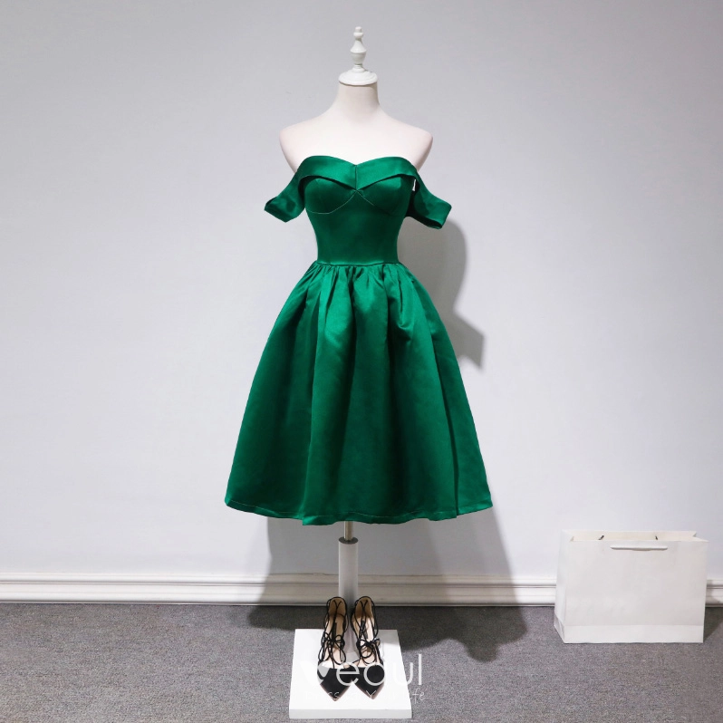 Modest Simple Dark Green Party Dresses 2018 A Line Princess Off The Shoulder  Short Sleeve Knee Length Ruffle Backless Formal Dresses
