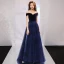 Elegant Navy Blue Prom Dresses 2019 A-Line / Princess Off-The-Shoulder Short Sleeve Court Train Ruffle Backless Formal Dresses