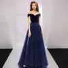 Elegant Navy Blue Prom Dresses 2019 A-Line / Princess Off-The-Shoulder Short Sleeve Court Train Ruffle Backless Formal Dresses