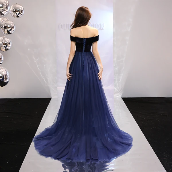 Elegant Navy Blue Prom Dresses 2019 A-Line / Princess Off-The-Shoulder  Short Sleeve Court Train