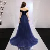 Elegant Navy Blue Prom Dresses 2019 A-Line / Princess Off-The-Shoulder Short Sleeve Court Train Ruffle Backless Formal Dresses
