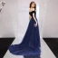 Elegant Navy Blue Prom Dresses 2019 A-Line / Princess Off-The-Shoulder Short Sleeve Court Train Ruffle Backless Formal Dresses
