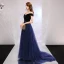 Elegant Navy Blue Prom Dresses 2019 A-Line / Princess Off-The-Shoulder Short Sleeve Court Train Ruffle Backless Formal Dresses