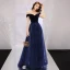 Elegant Navy Blue Prom Dresses 2019 A-Line / Princess Off-The-Shoulder Short Sleeve Court Train Ruffle Backless Formal Dresses