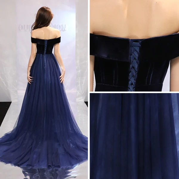 Elegant Navy Blue Prom Dresses 2019 A-Line / Princess Off-The-Shoulder Short Sleeve Court Train Ruffle Backless Formal Dresses