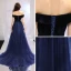 Elegant Navy Blue Prom Dresses 2019 A-Line / Princess Off-The-Shoulder Short Sleeve Court Train Ruffle Backless Formal Dresses