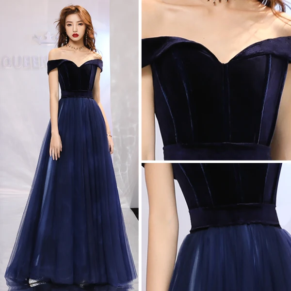 Elegant Navy Blue Prom Dresses 2019 A-Line / Princess Off-The-Shoulder Short Sleeve Court Train Ruffle Backless Formal Dresses