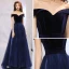 Elegant Navy Blue Prom Dresses 2019 A-Line / Princess Off-The-Shoulder Short Sleeve Court Train Ruffle Backless Formal Dresses