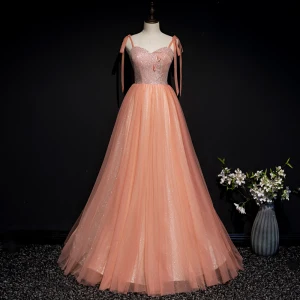 Snygga Fina Apelsin Korsett Balklänningar 2020 Prinsessa Spaghettiband Ärmlös Appliqués Blomma Beading Glittriga Glitter Tyll Långa Ruffle Halterneck Formella Klänningar