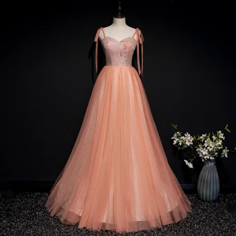 Chic Beautiful Orange Corset Prom Dresses 2020 A Line Princess Spaghetti Straps Sleeveless Appliques Flower Beading Glitter Tulle Floor Length Long Ruffle Backless Formal Dresses