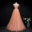 Chic / Beautiful Orange Corset Prom Dresses 2020 A-Line / Princess Spaghetti Straps Sleeveless Appliques Flower Beading Glitter Tulle Floor-Length / Long Ruffle Backless Formal Dresses
