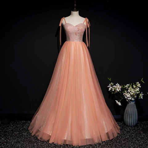 Snygga / Fina Apelsin Korsett Balklänningar 2020 Prinsessa Spaghettiband Ärmlös Appliqués Blomma Beading Glittriga / Glitter Tyll Långa Ruffle Halterneck Formella Klänningar
