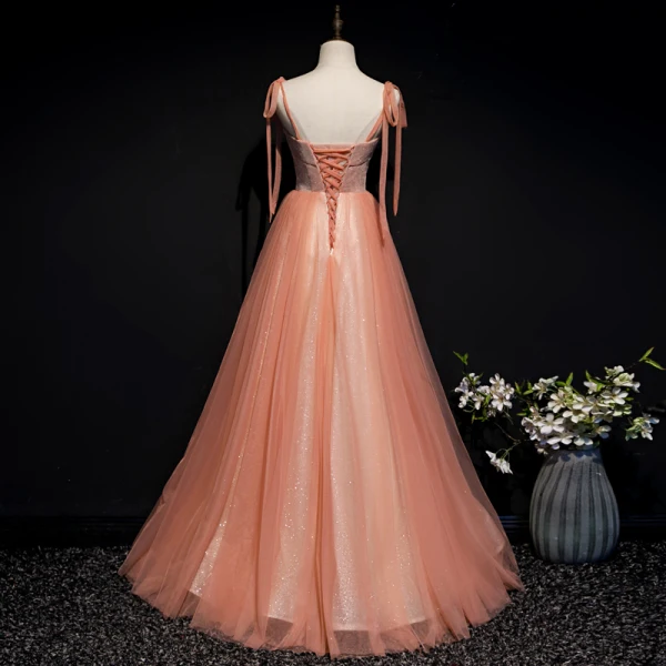 Chic / Beautiful Orange Corset Prom Dresses 2020 A-Line / Princess Spaghetti Straps Sleeveless Appliques Flower Beading Glitter Tulle Floor-Length / Long Ruffle Backless Formal Dresses