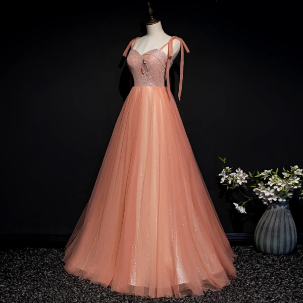 Chic / Beautiful Orange Corset Prom Dresses 2020 A-Line / Princess Spaghetti Straps Sleeveless Appliques Flower Beading Glitter Tulle Floor-Length / Long Ruffle Backless Formal Dresses